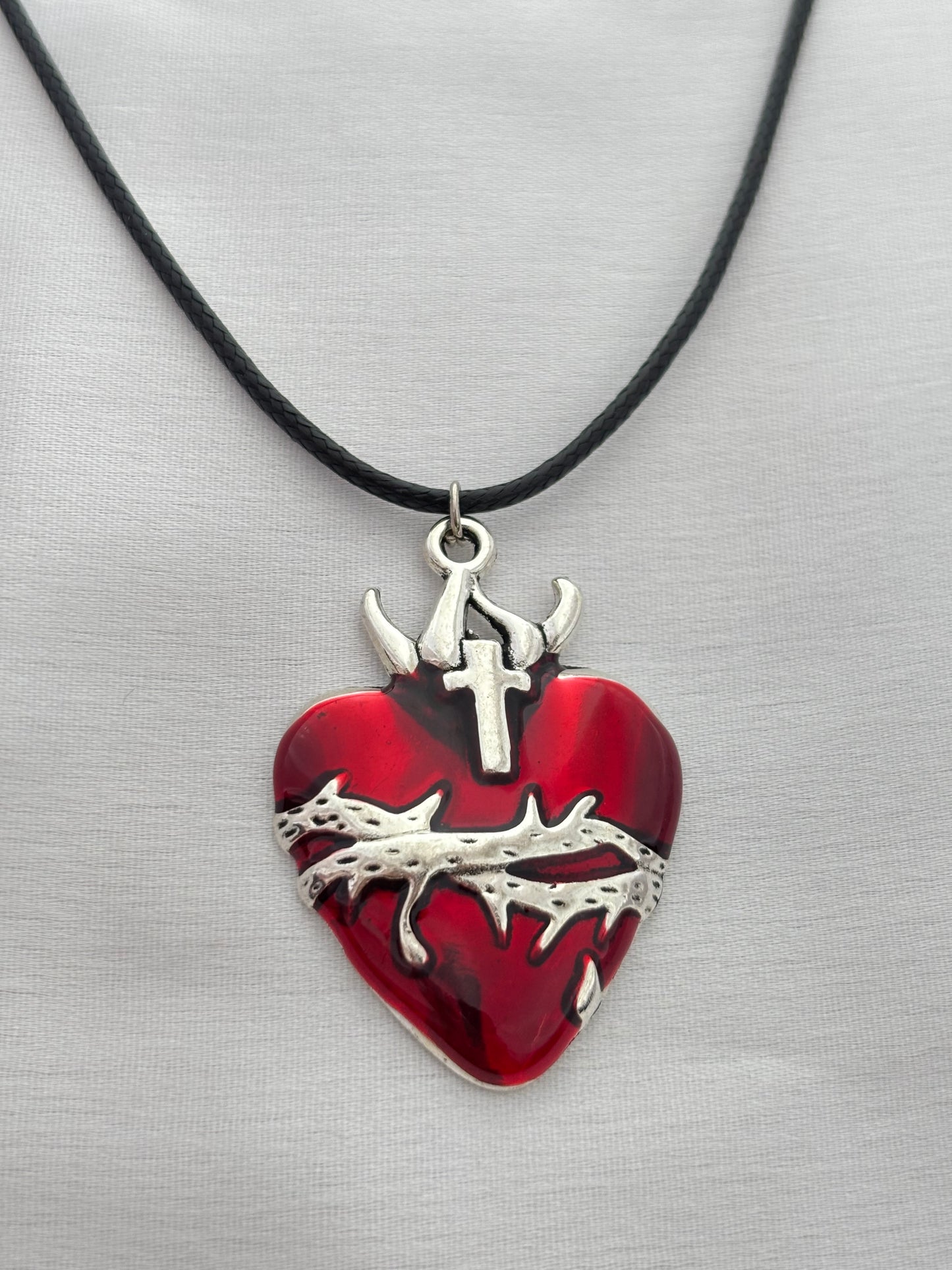 Divine Love Heart with Cross & Thorns Cord Necklace