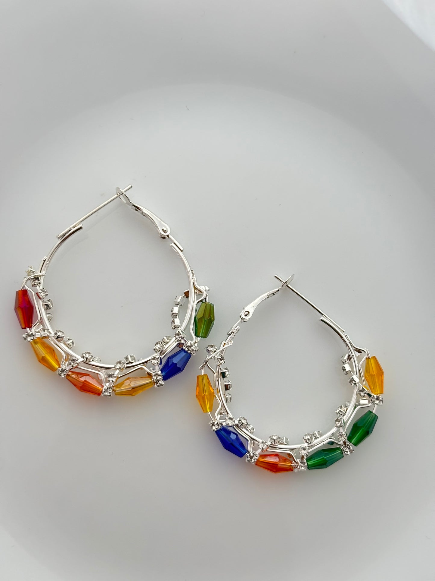 Silver Hoop Earrings with Multicolor Crystal Beads