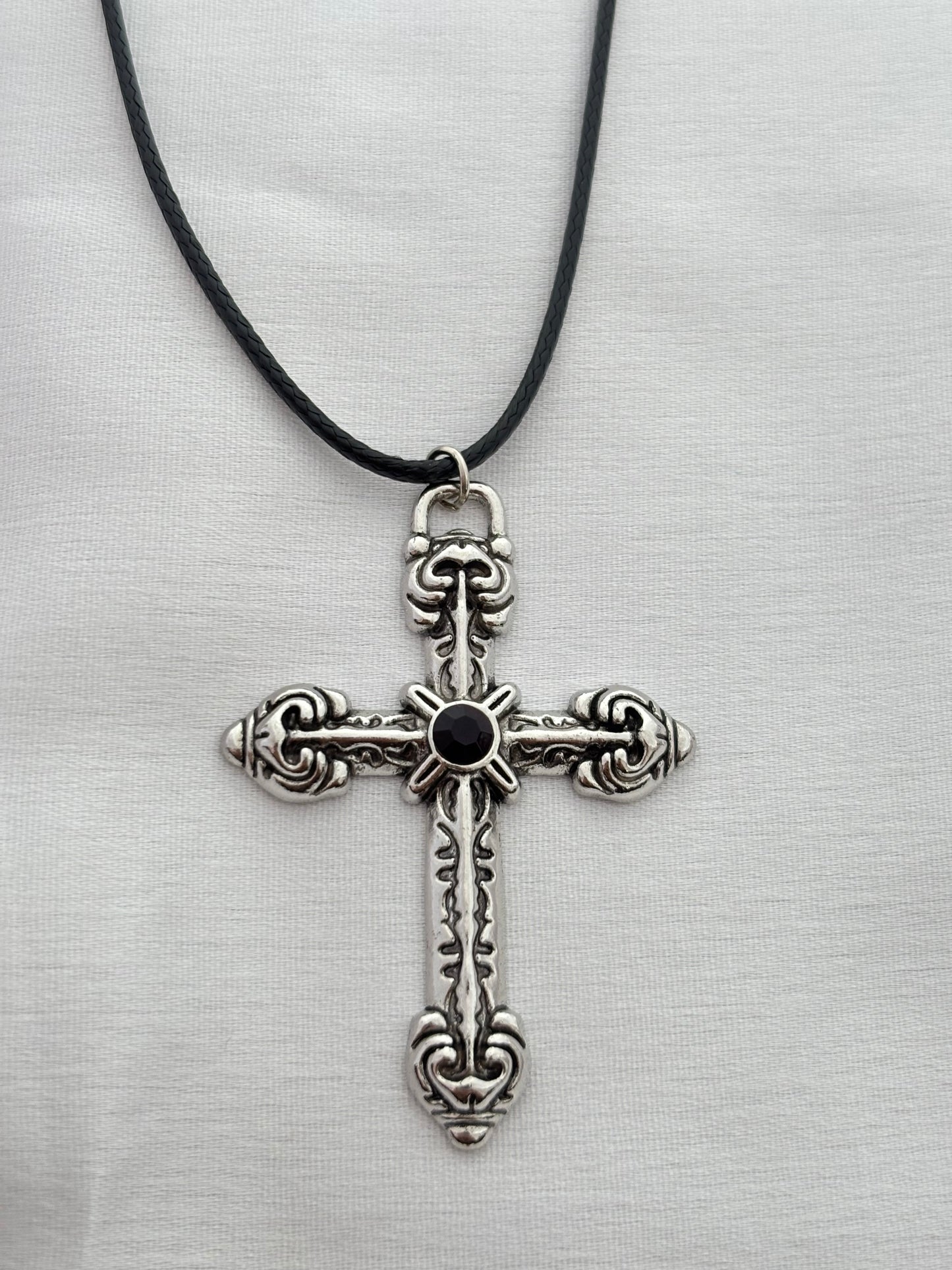 Gothic Silver Cross Cord Necklace