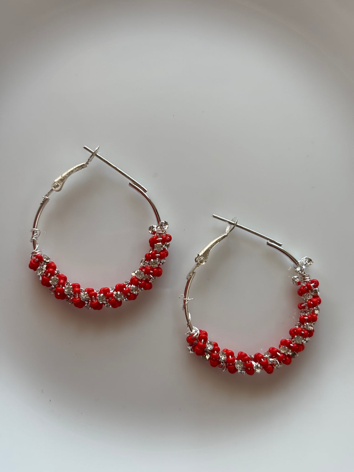 Red Beaded Silver Hoop Earrings