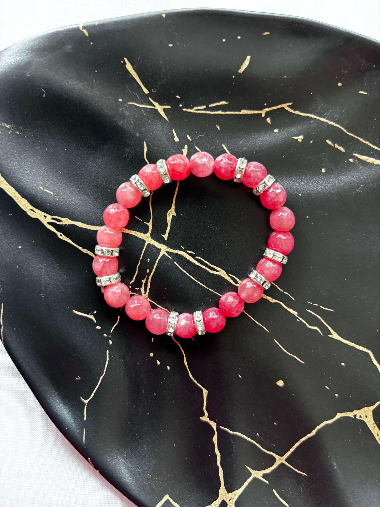 Elegant Pink Agate and Rhinestone Charm Bracelet - Curvy Jewels