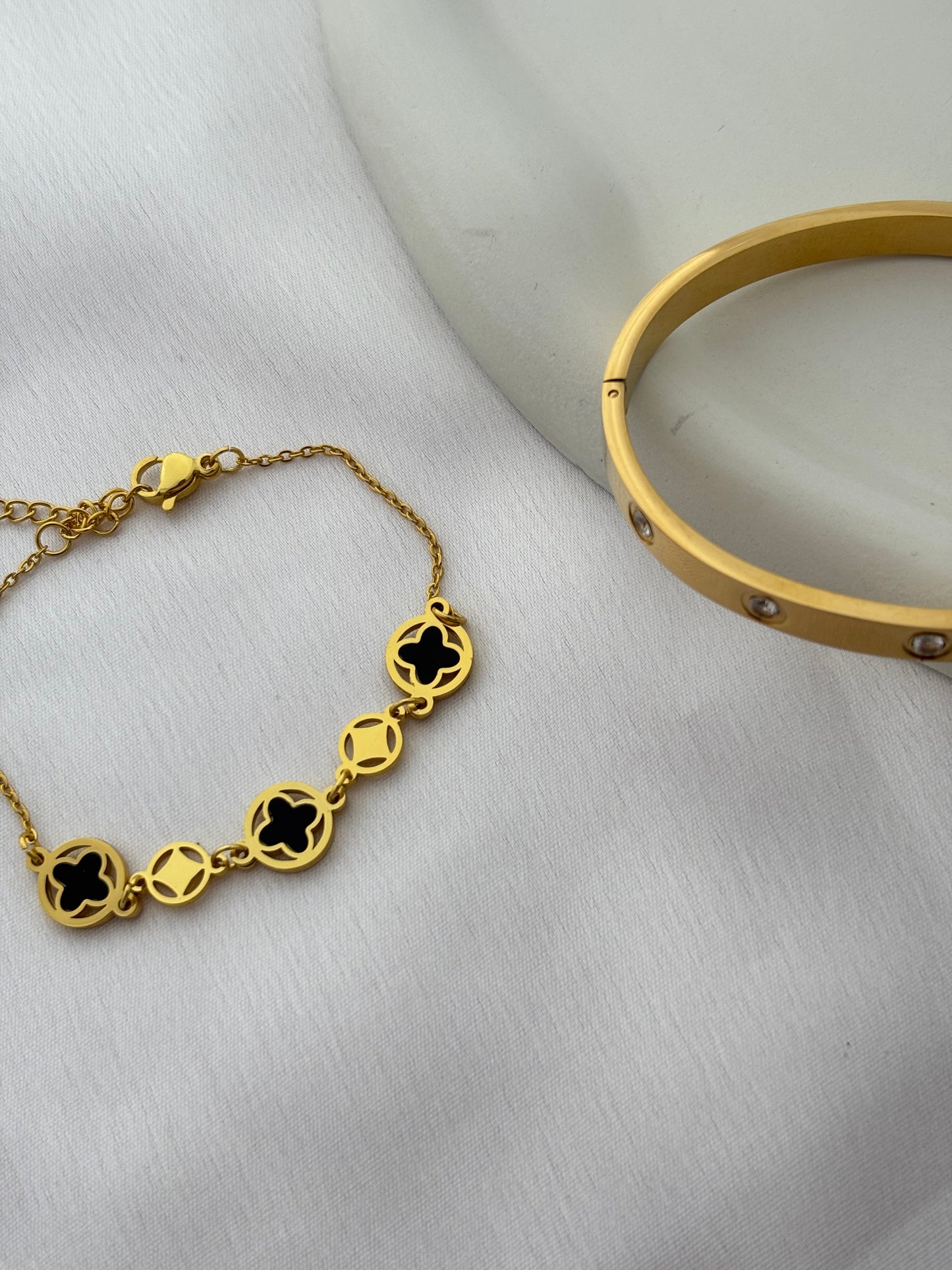 Gold Clover and Stone Bracelet Stack