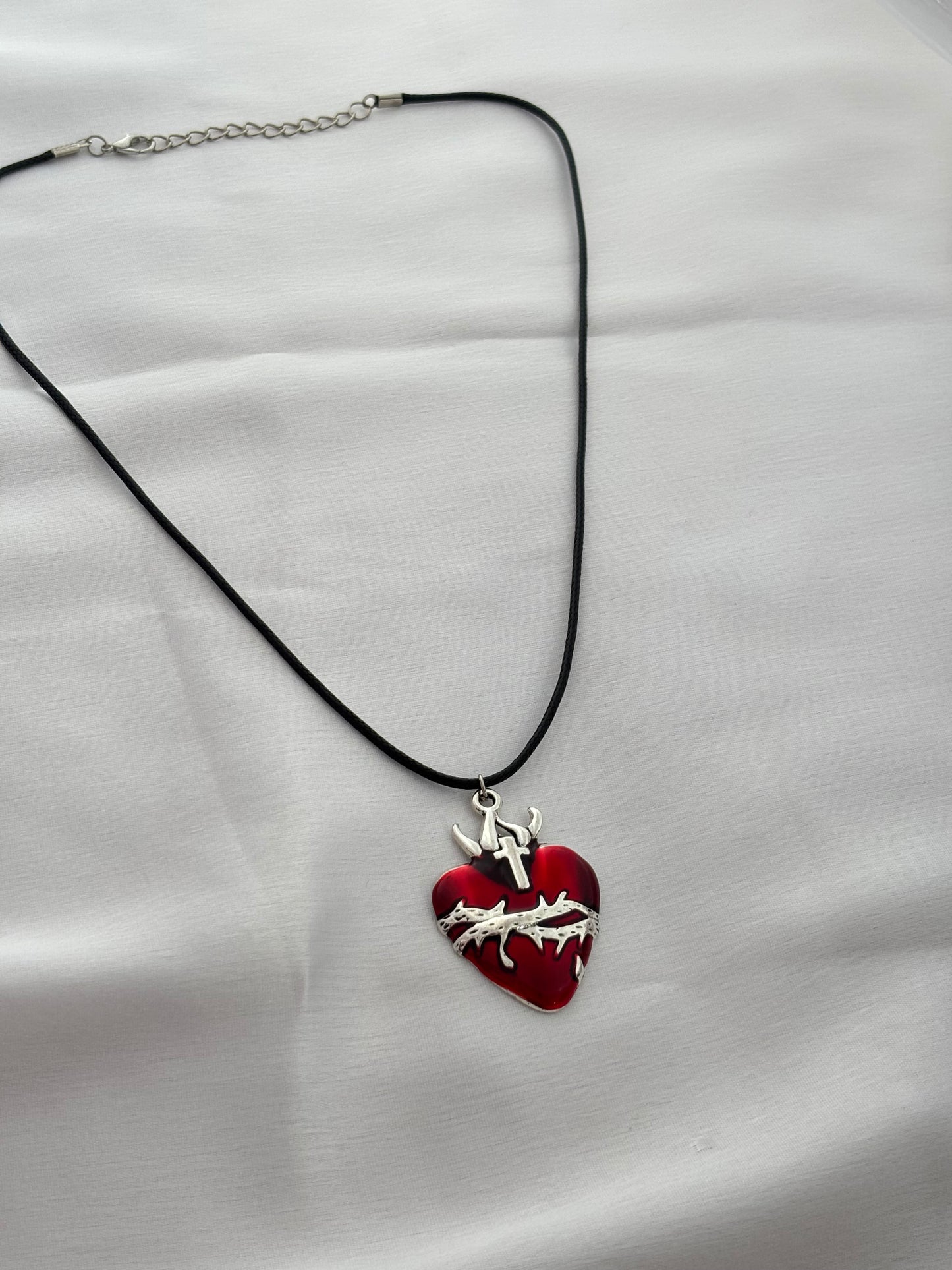 Divine Love Heart with Cross & Thorns Cord Necklace