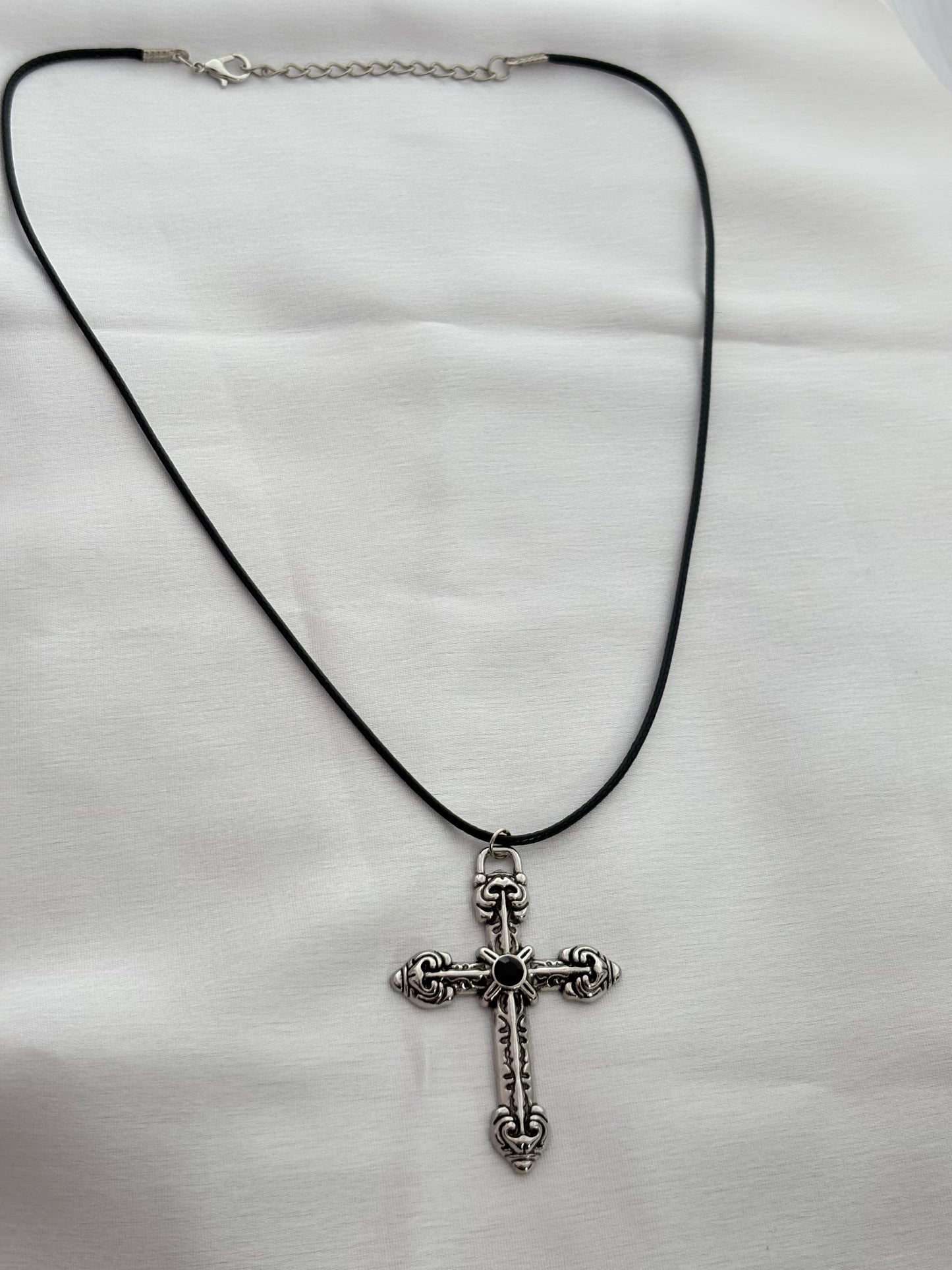 Gothic Silver Cross Cord Necklace