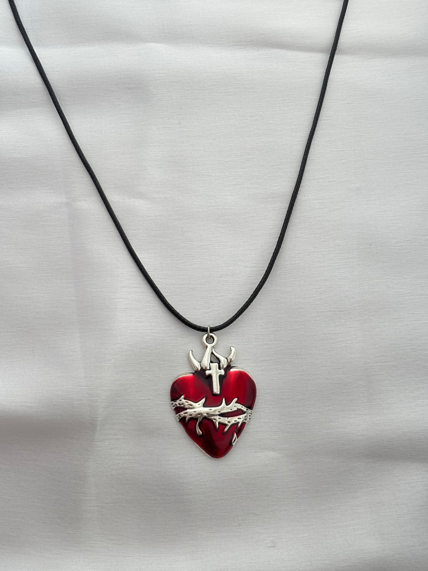 Divine Love Heart with Cross & Thorns Cord Necklace