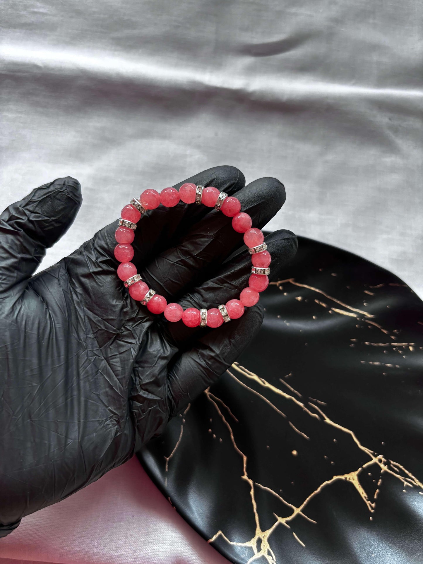 Elegant Pink Agate and Rhinestone Charm Bracelet - Curvy Jewels