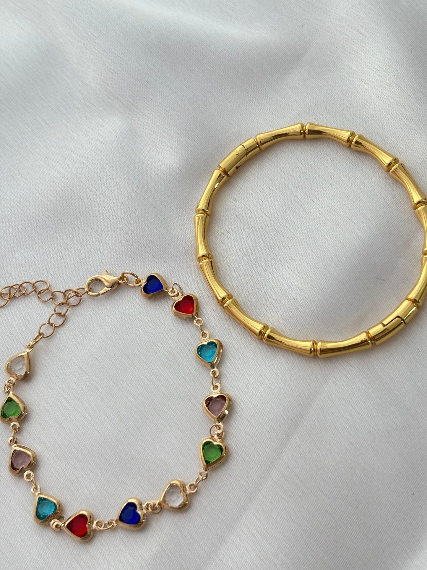 Gold Bamboo and Multi-Color Heart Bracelet Stack