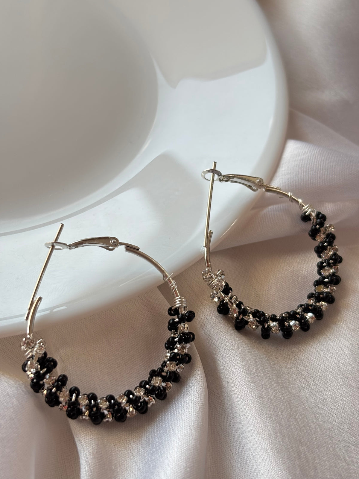 Black Beaded Silver Hoop Earrings