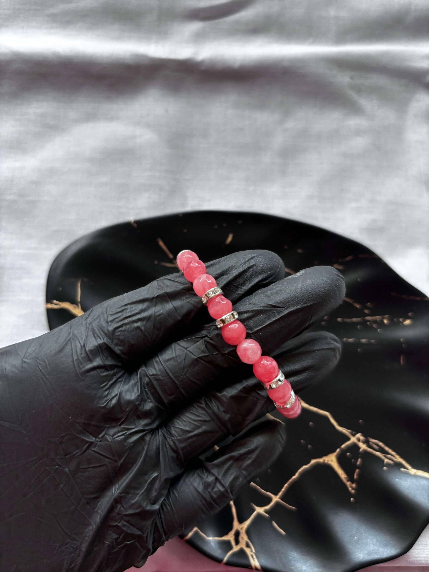 Elegant Pink Agate and Rhinestone Charm Bracelet - Curvy Jewels