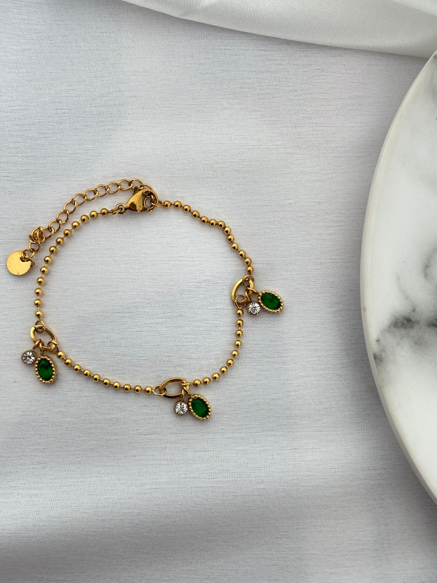 Gold Plated Green Stone Charm Bracelet