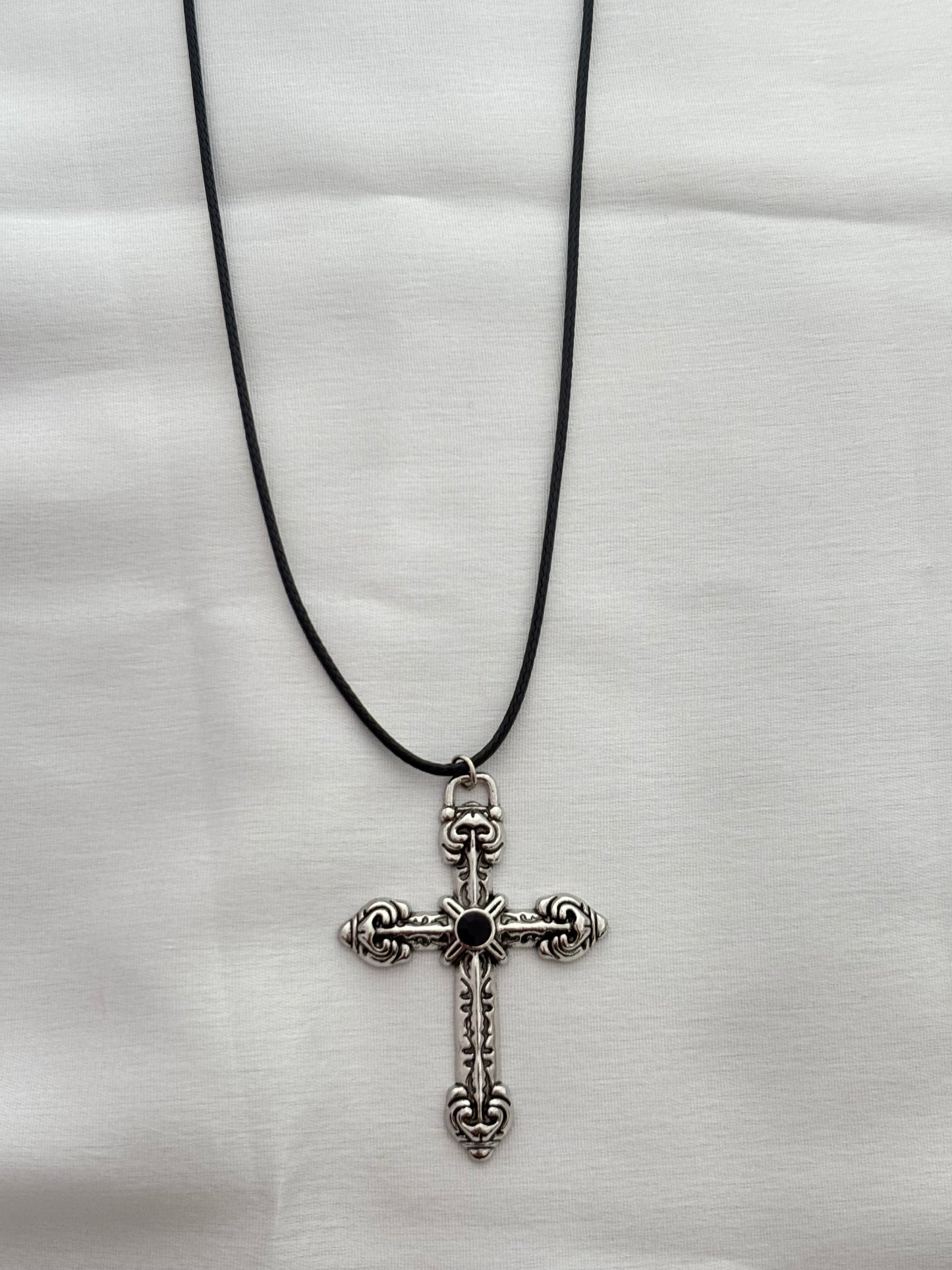 Gothic Silver Cross Cord Necklace