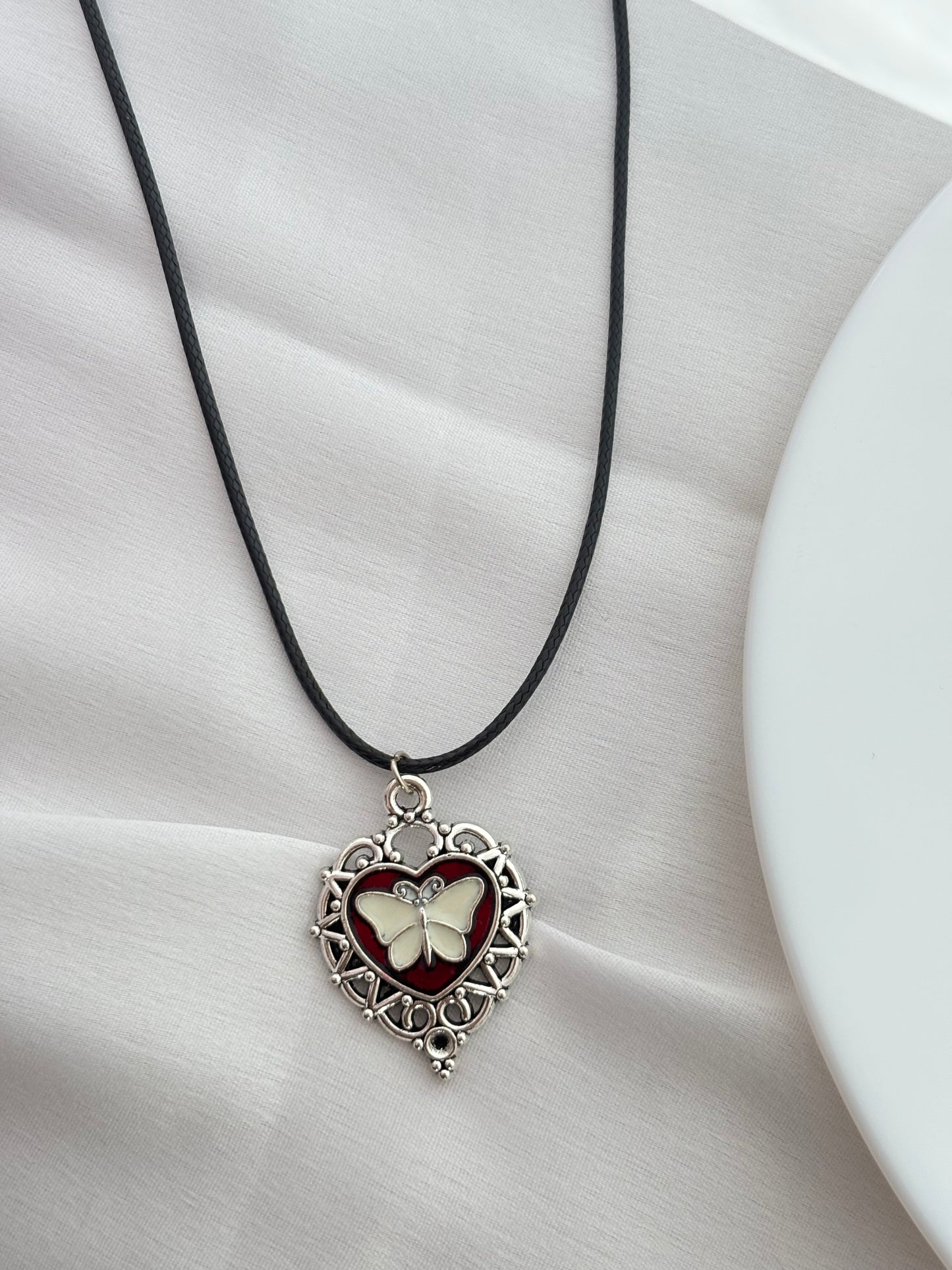 Gothic Butterfly Heart Cord Necklace