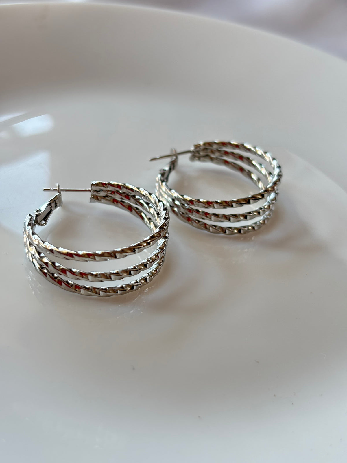 Silver Triple-Row Twisted Hoop Earrings