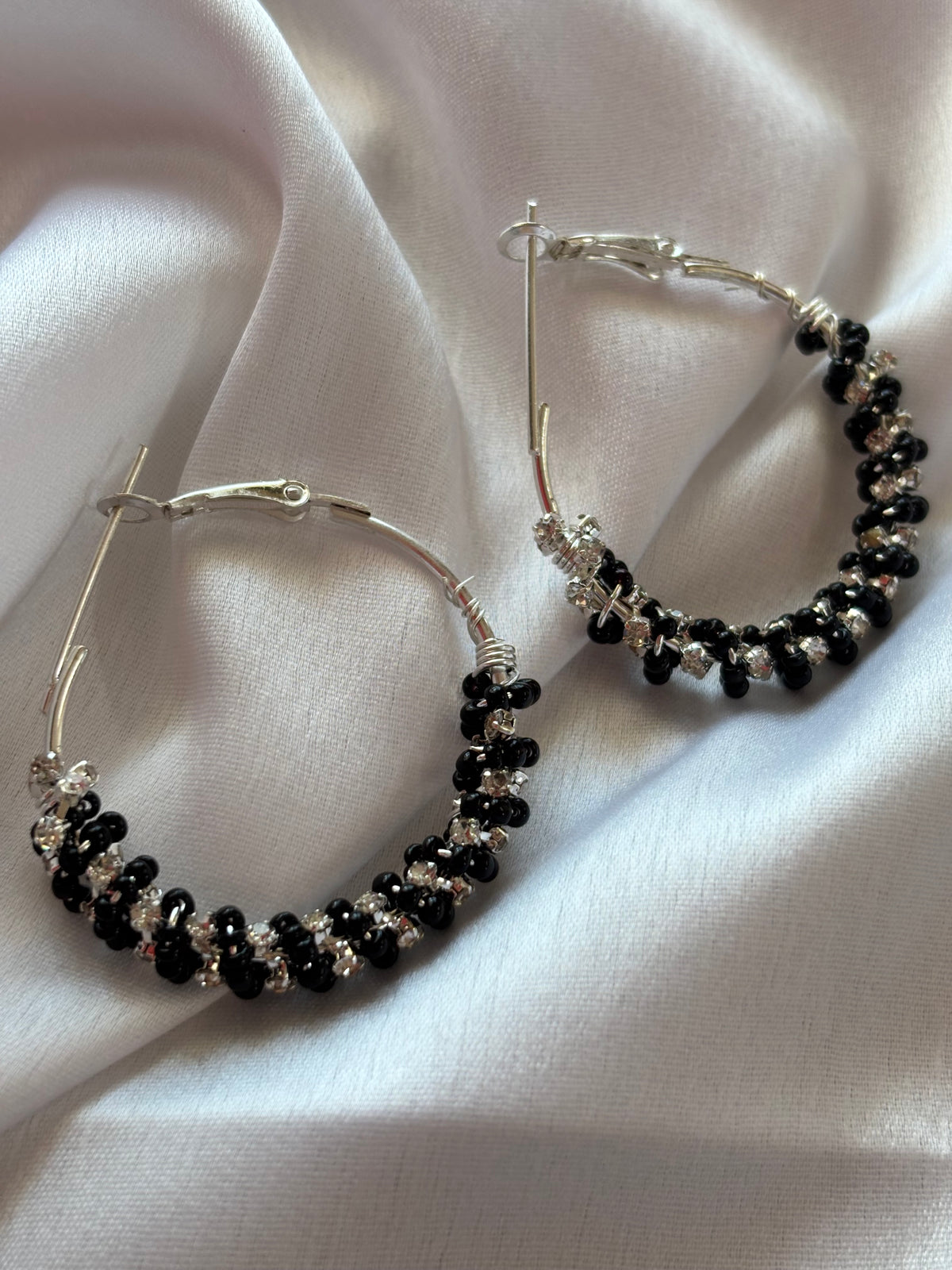 Black Beaded Silver Hoop Earrings