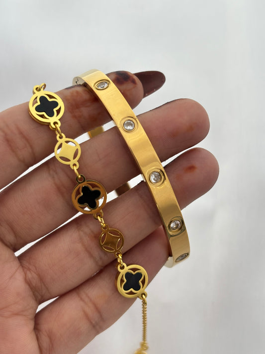 Gold Clover and  Stone Bracelet Stack