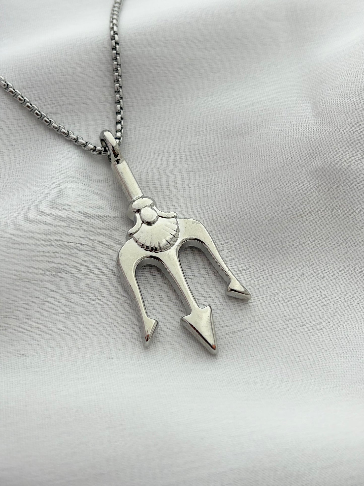Silver Unisex Trident Pendant Necklace