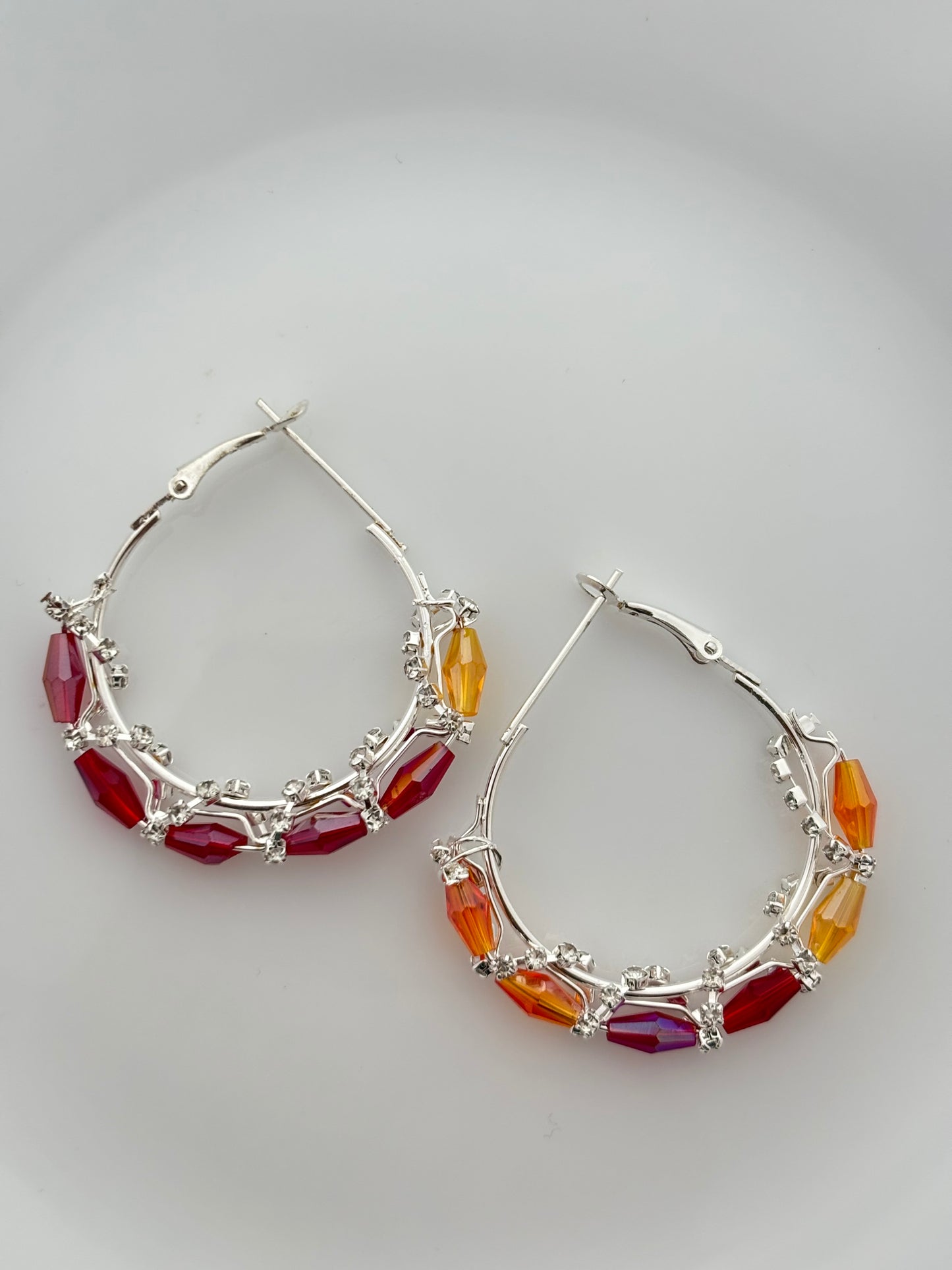 Silver Hoop Earrings with Multicolor Crystal Beads