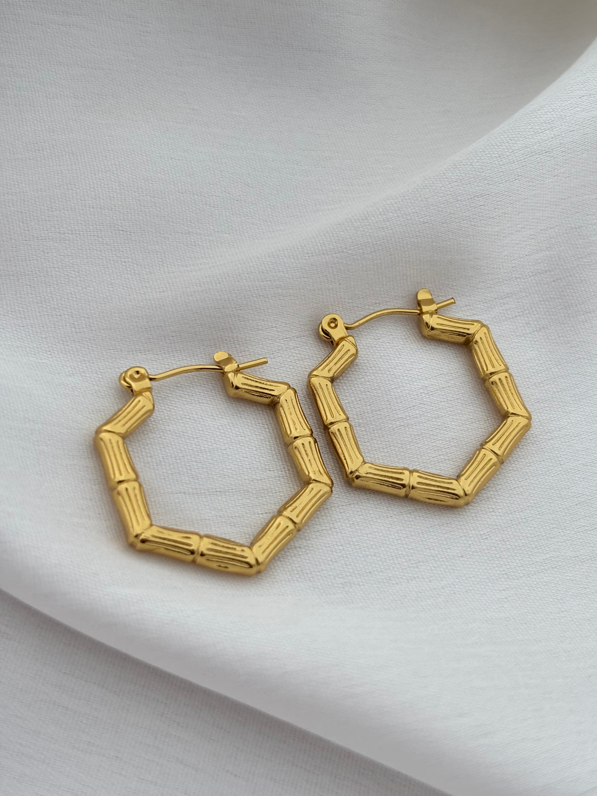 Gold Bamboo Hexagon Hoop Earrings
