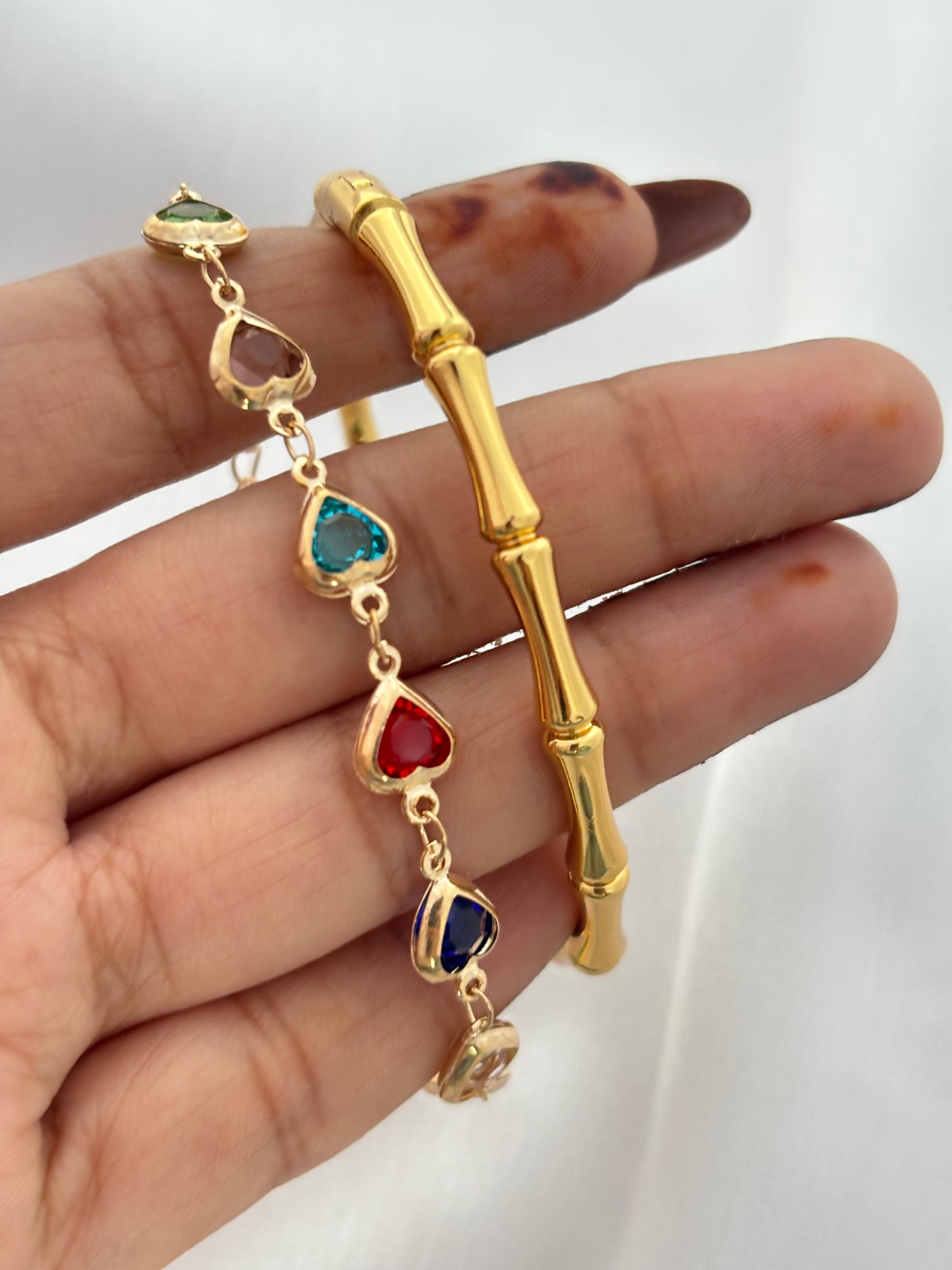 Gold Bamboo and Multi-Color Heart Bracelet Stack