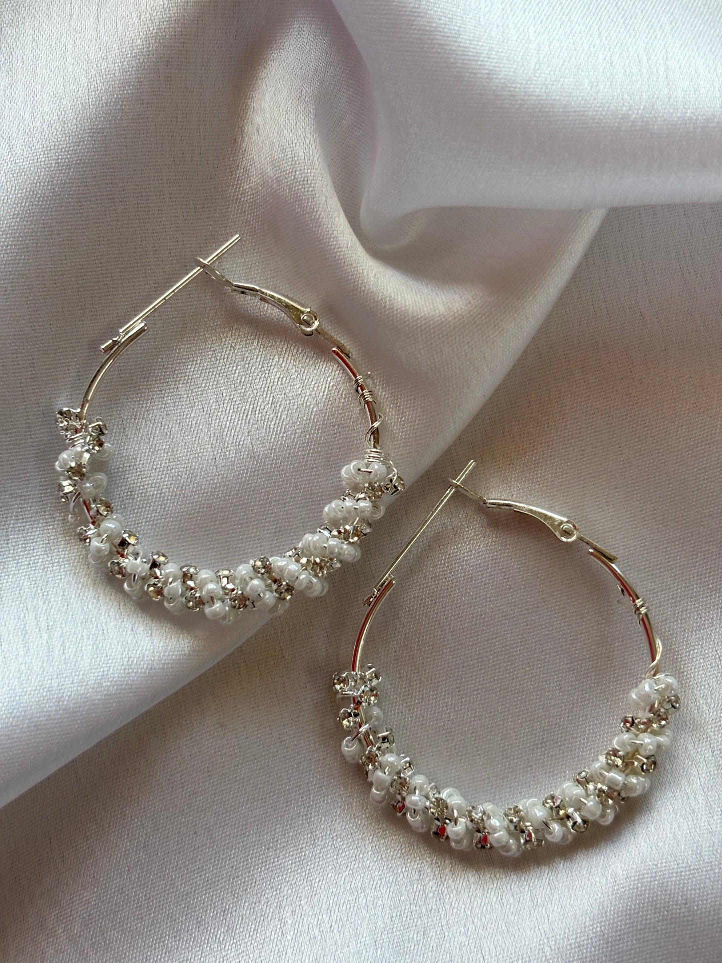 Silver Hoop Earrings with Turquoise Beads & Crystals