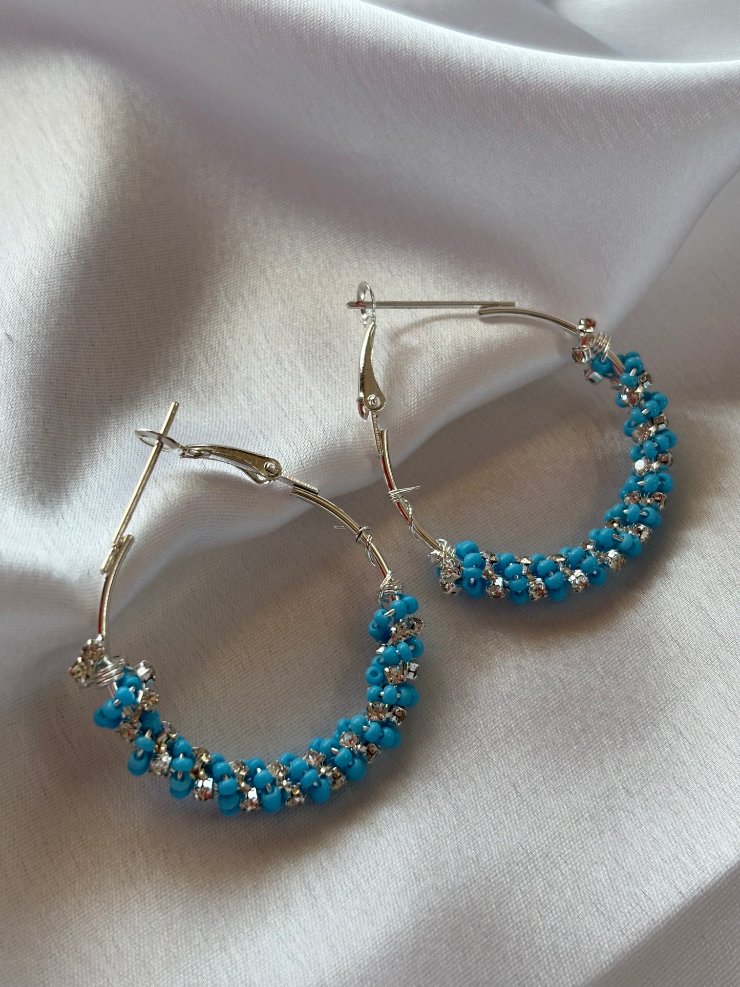 Silver Hoop Earrings with Turquoise Beads & Crystals