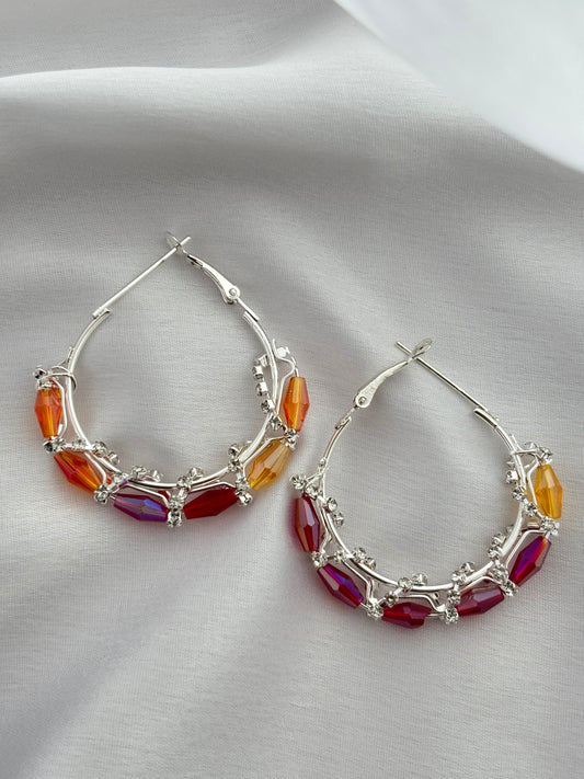 Silver Hoop Earrings with Multicolor Crystal Beads