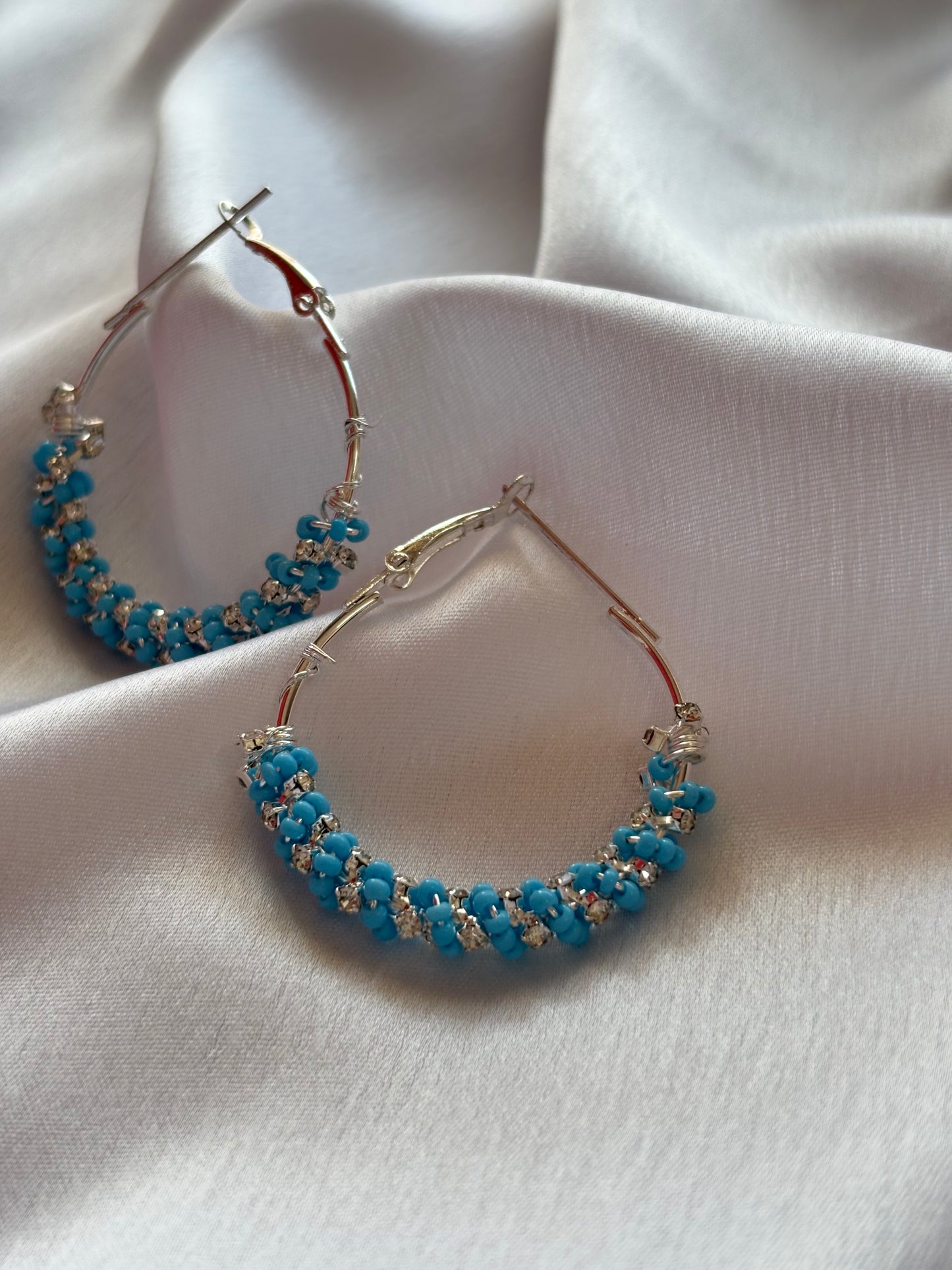 Silver Hoop Earrings with Turquoise Beads & Crystals