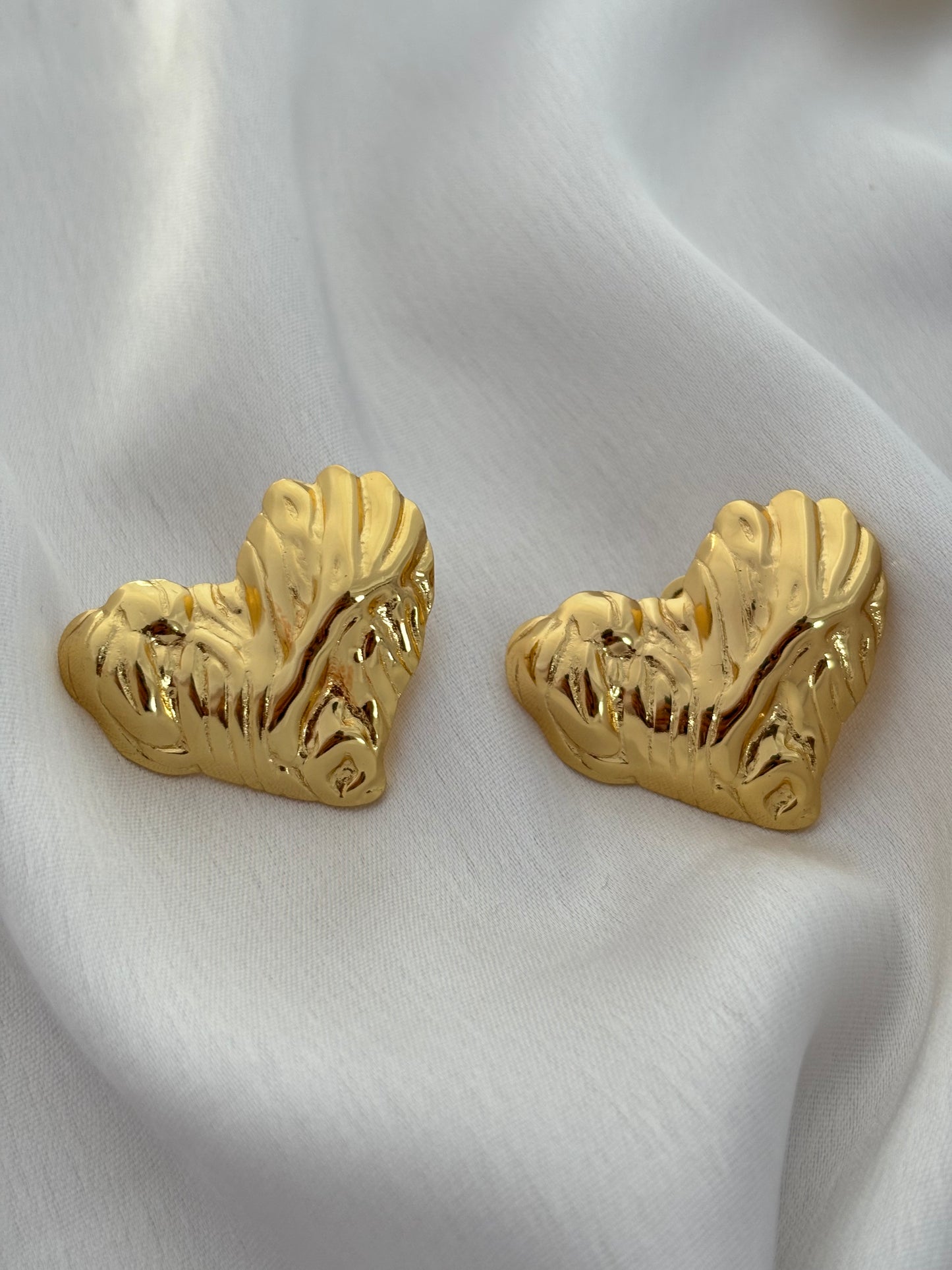 Gold Textured Heart Stud Earrings