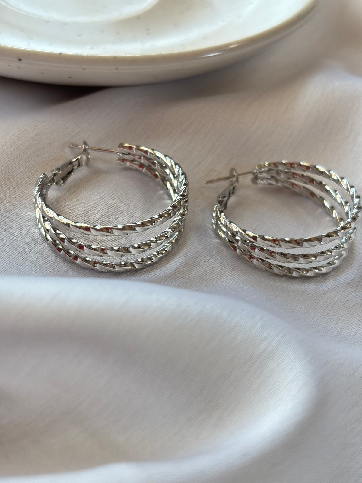 Silver Triple-Row Twisted Hoop Earrings