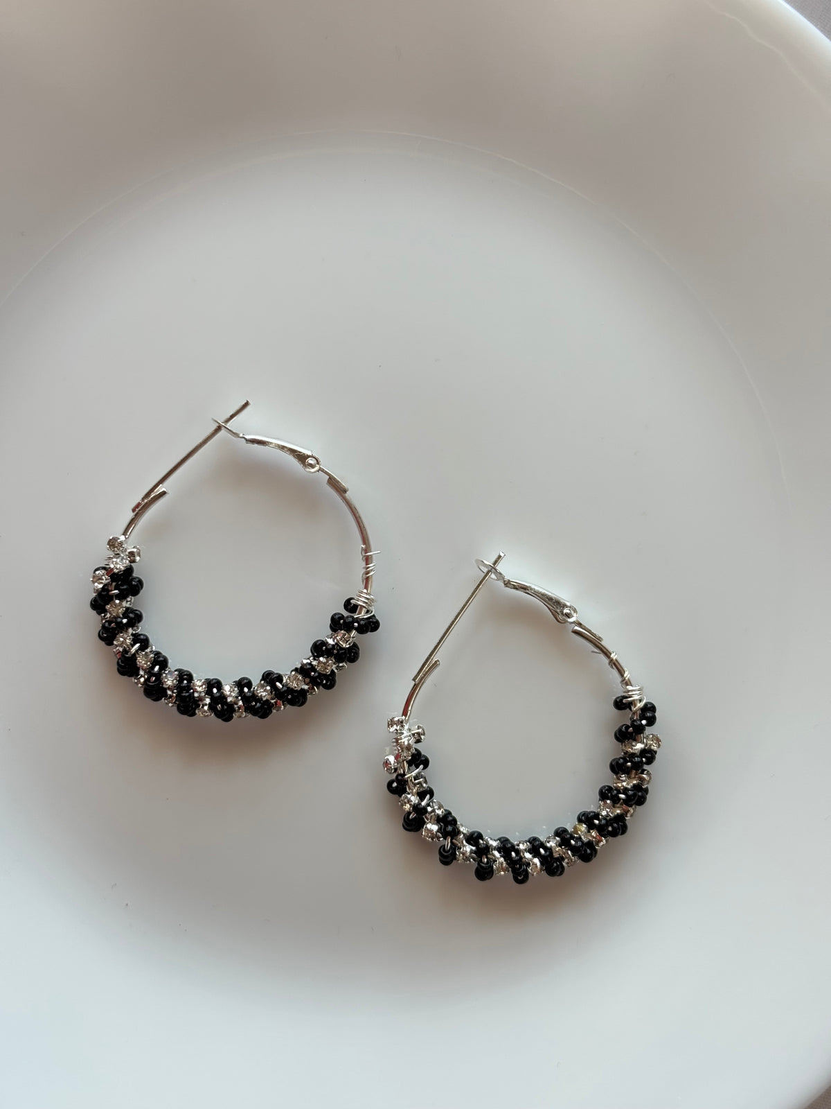 Black Beaded Silver Hoop Earrings