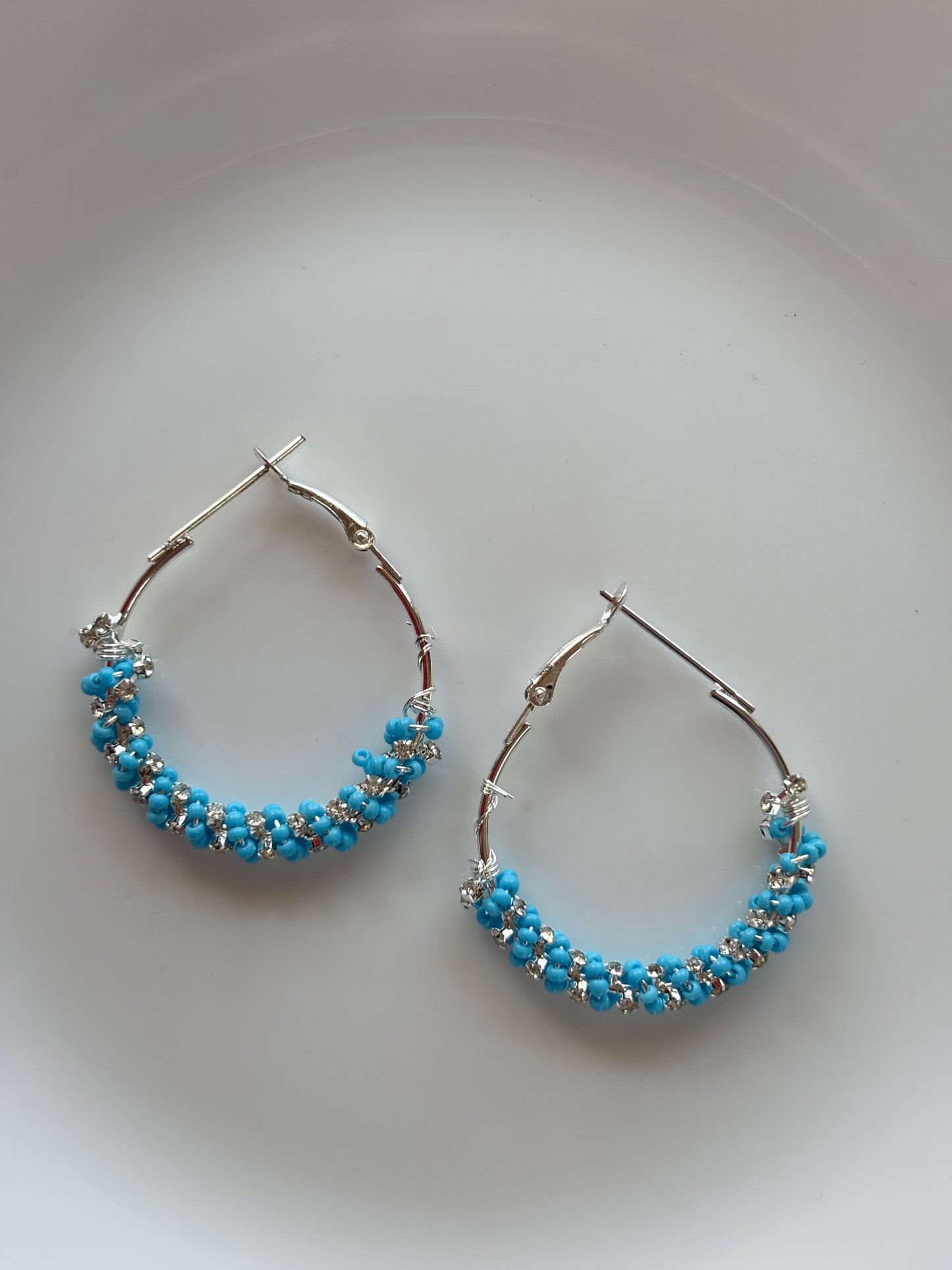 Silver Hoop Earrings with Turquoise Beads & Crystals