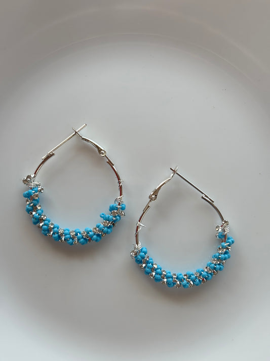 Silver Hoop Earrings with Turquoise Beads & Crystals