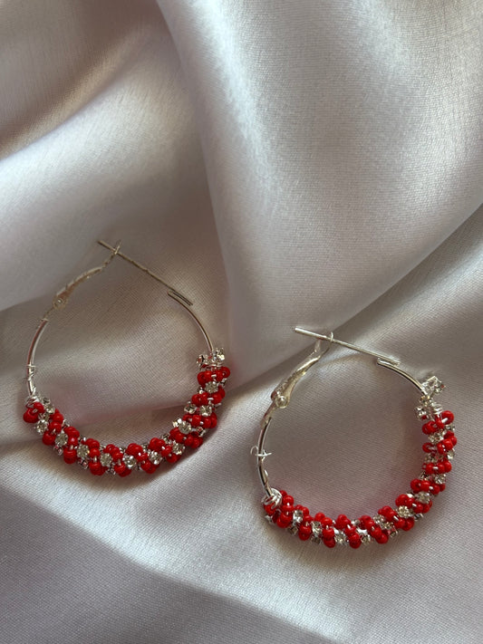 Red Beaded Silver Hoop Earrings