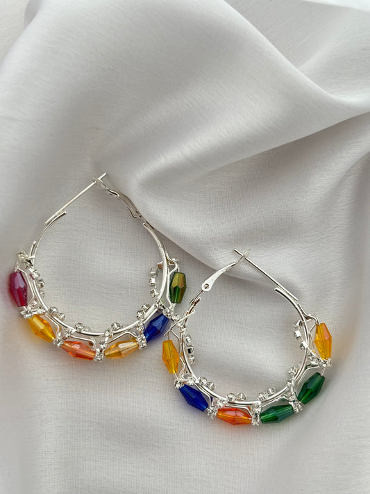 Silver Hoop Earrings with Multicolor Crystal Beads