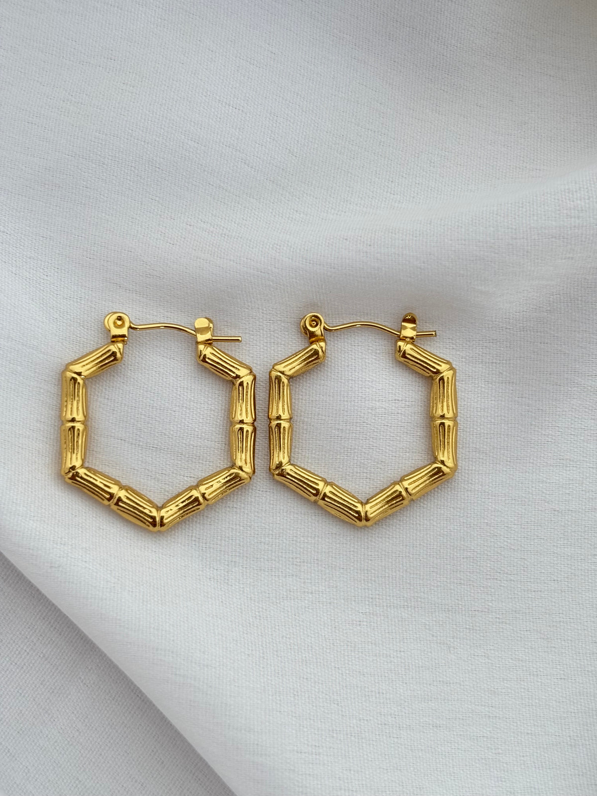 Gold Bamboo Hexagon Hoop Earrings