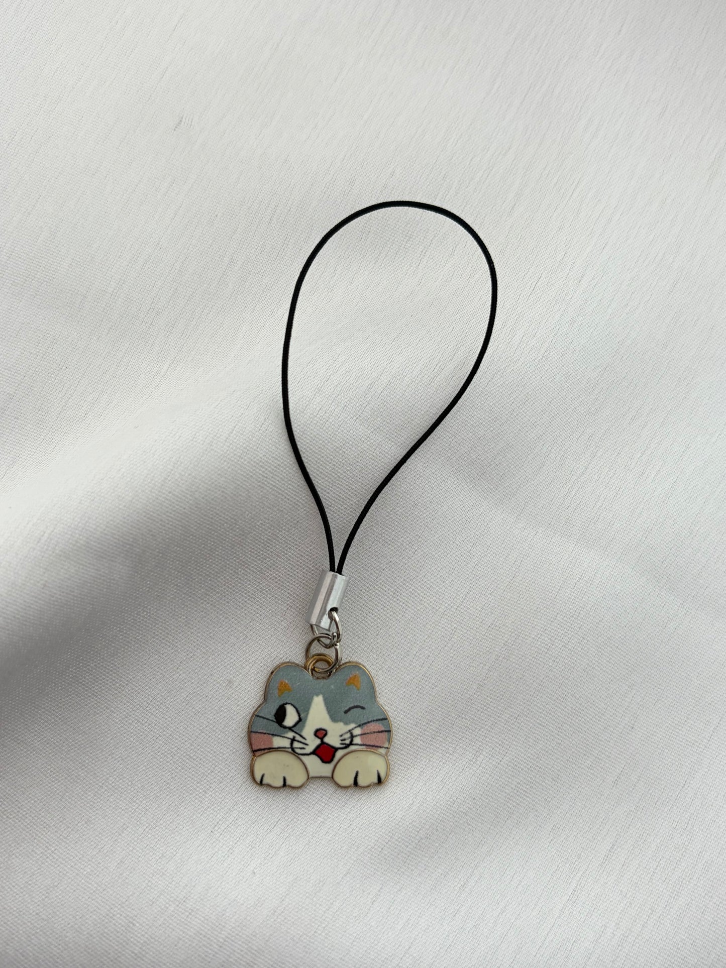 Playful Winking Calico Cat Phone Charm
