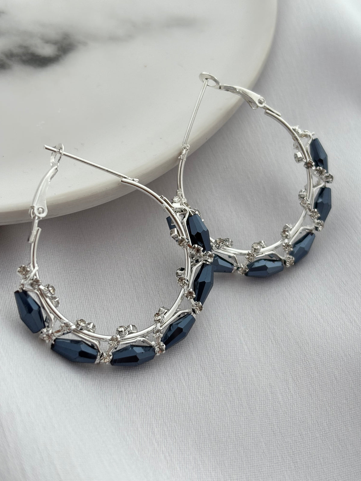 Silver Blue Crystal Hoop Earrings