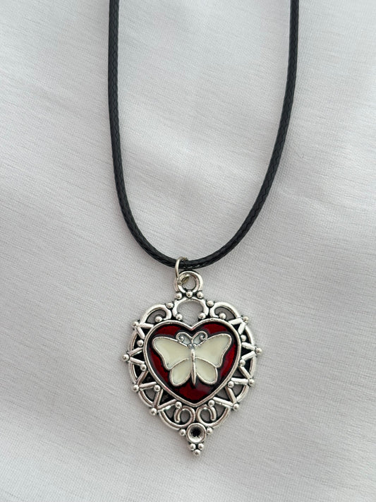 Gothic Butterfly Heart Cord Necklace