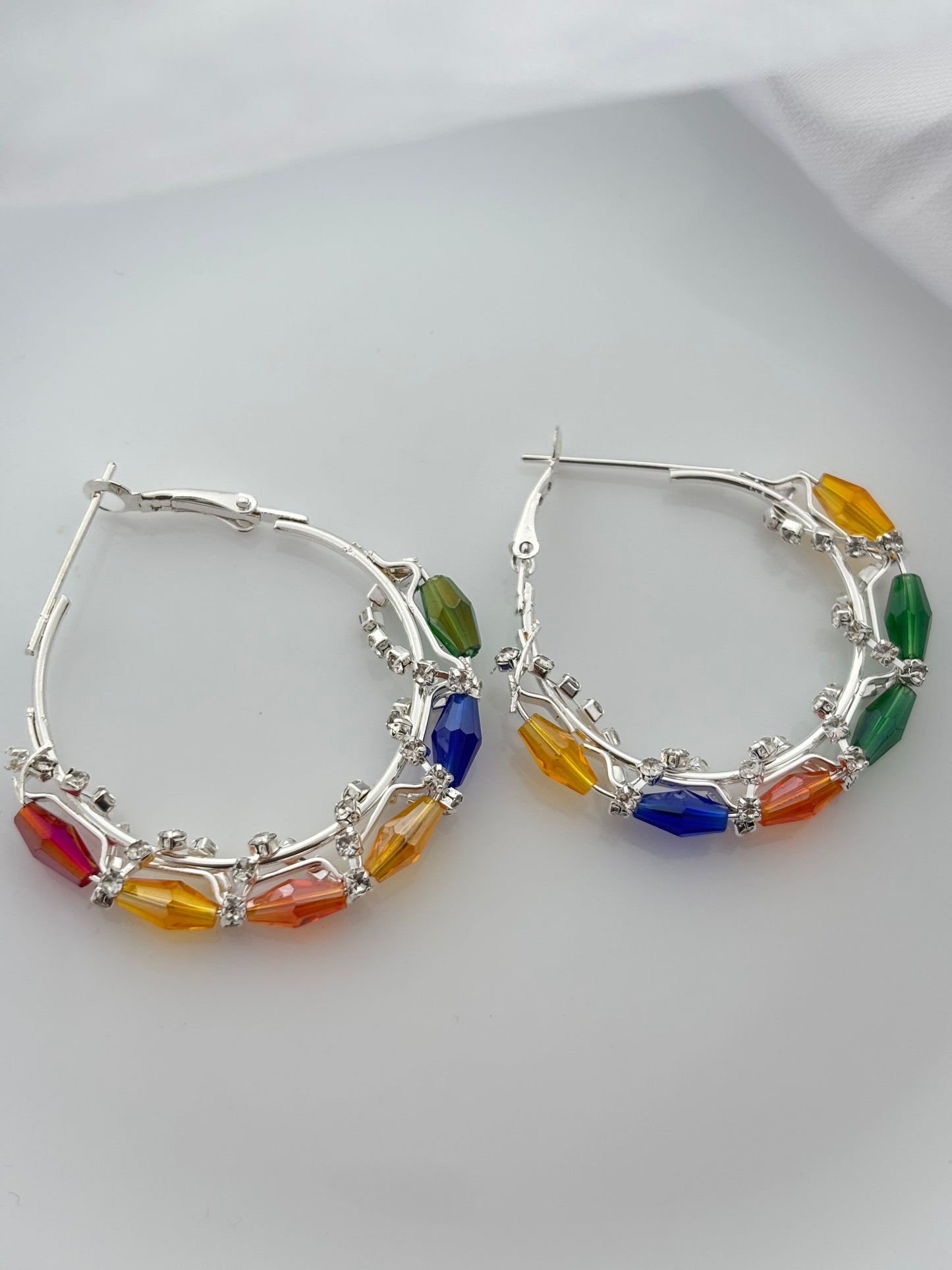 Silver Hoop Earrings with Multicolor Crystal Beads