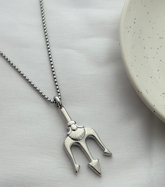 Silver Unisex Trident Pendant Necklace