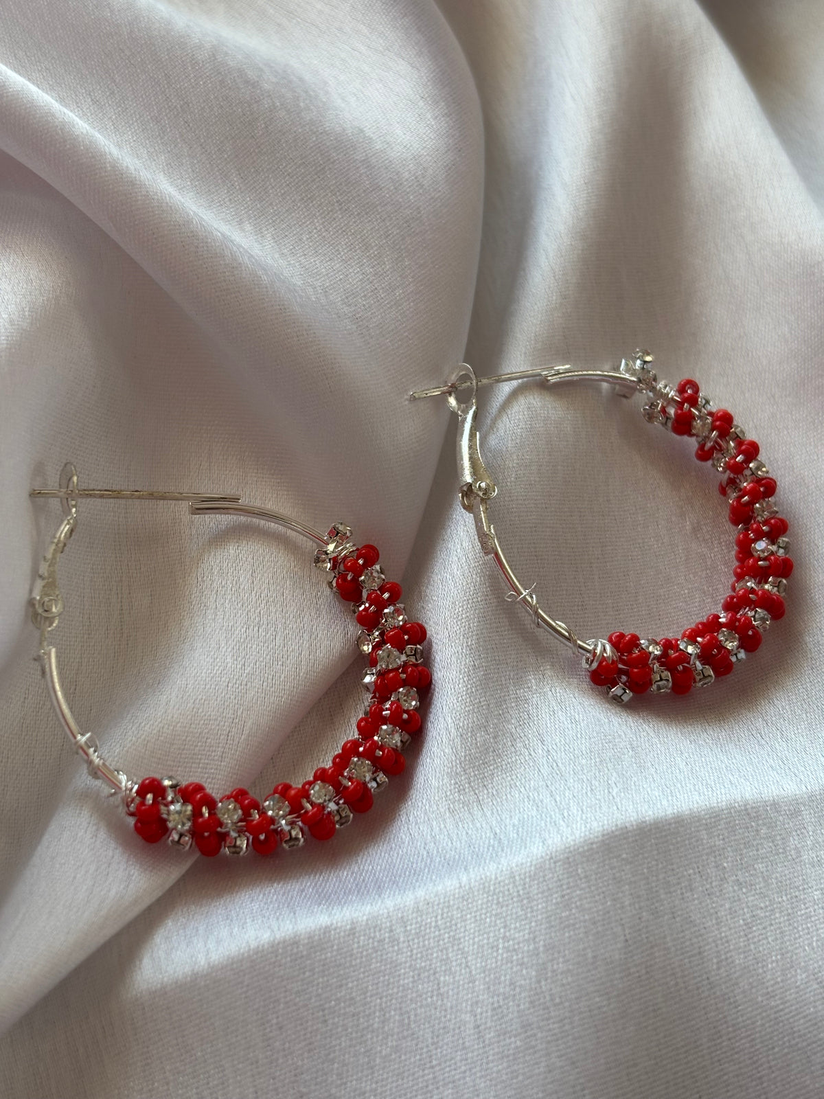 Red Beaded Silver Hoop Earrings