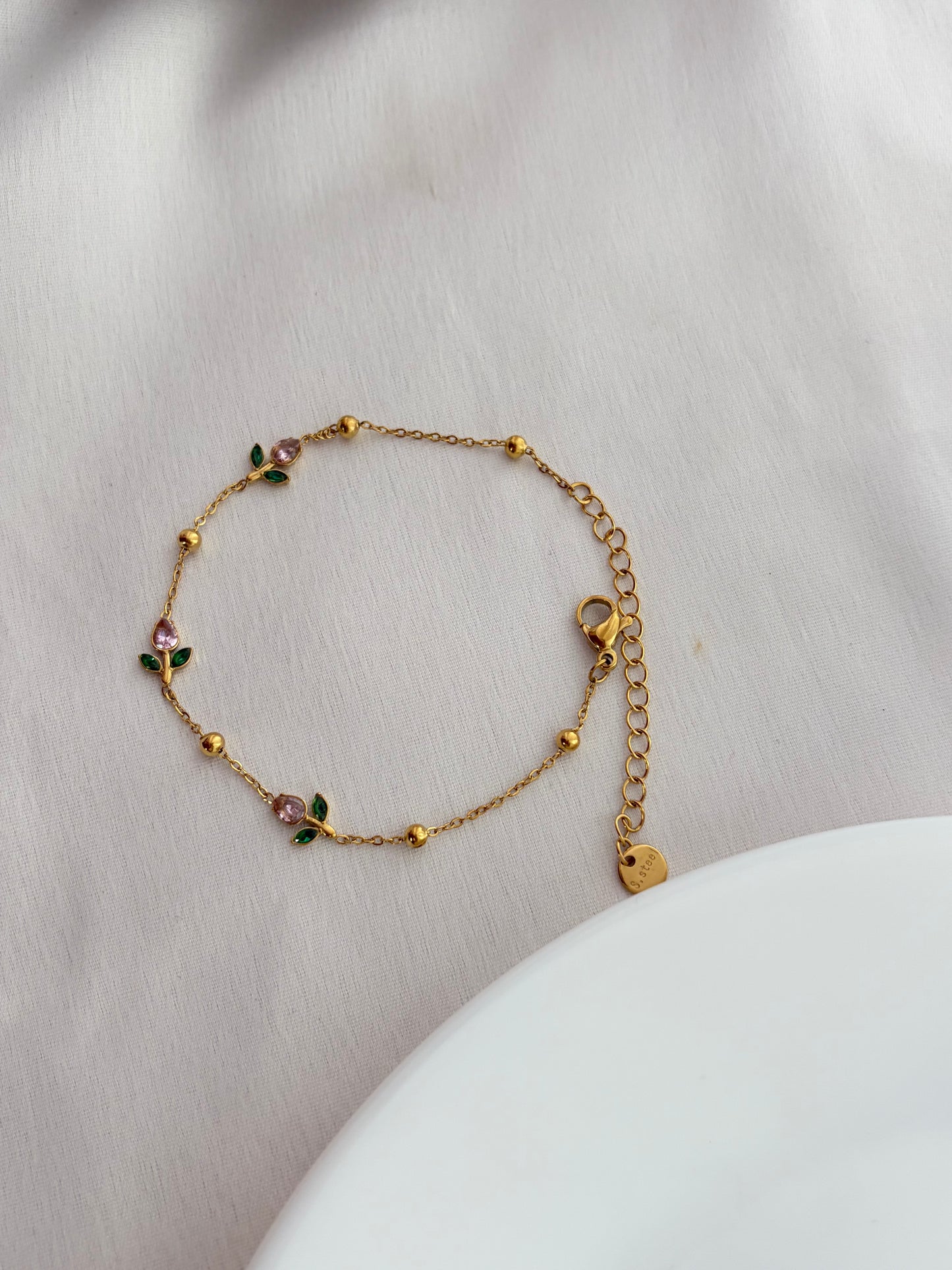 Gold Tulip Charm Bracelet - Pink