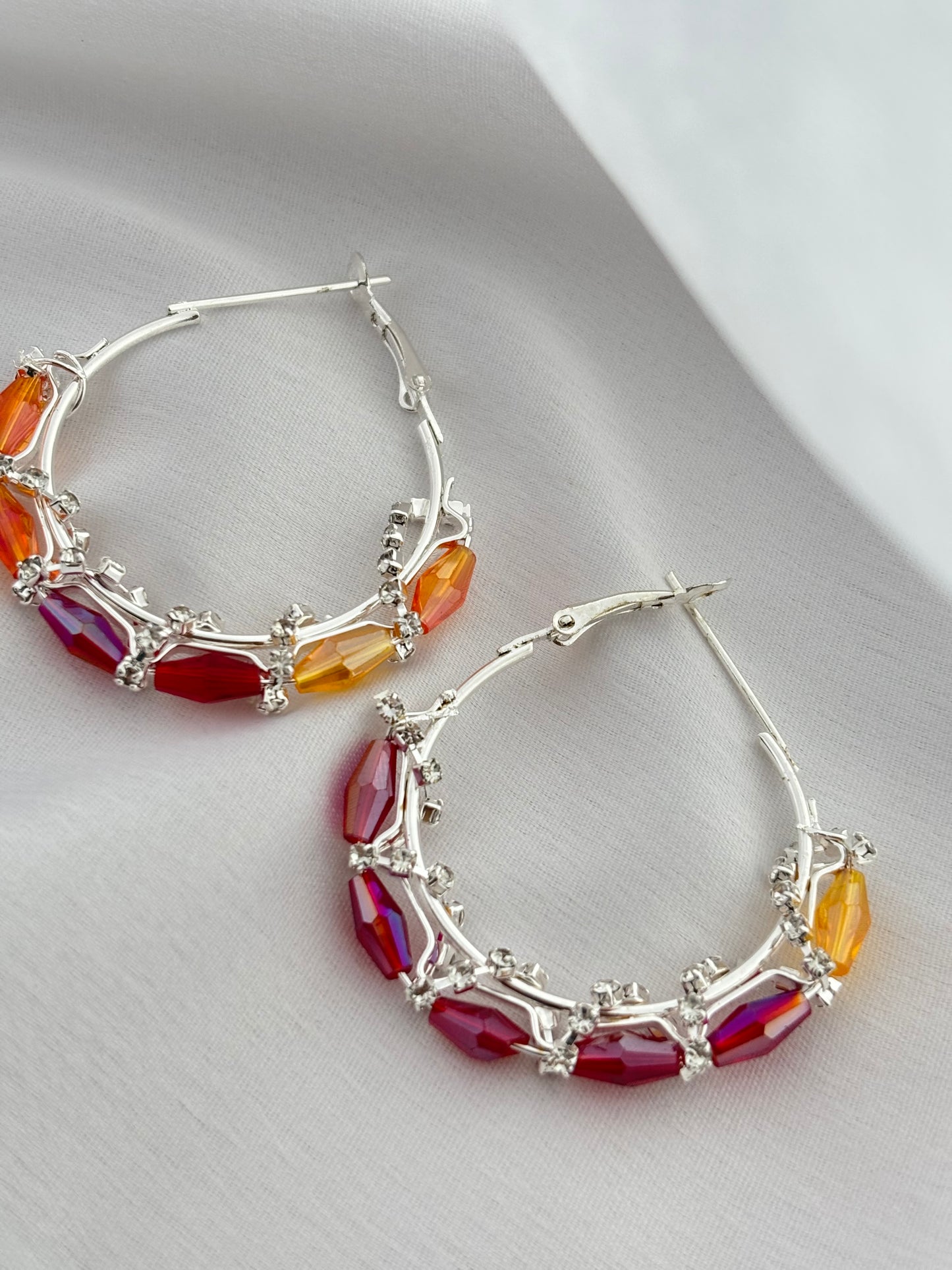 Silver Hoop Earrings with Multicolor Crystal Beads