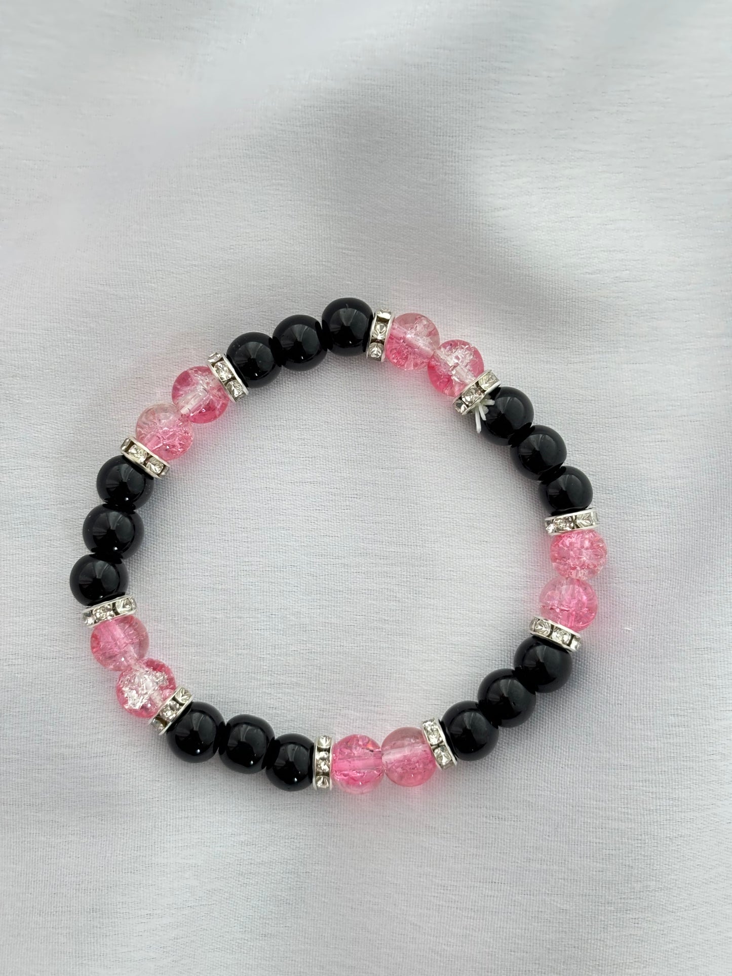 Crackle Pink & Black Beaded Bracelet