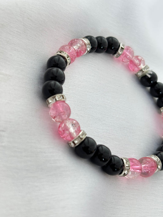 Crackle Pink & Black Beaded Bracelet